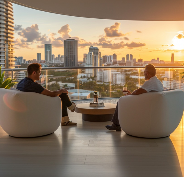 Duas pessoas conversando em uma varanda com vista para a cidade